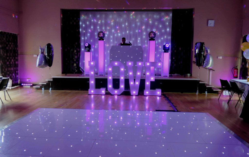 Orsett Village Hall, Essex, Premier Set Up, White Starlit Booth & Backdrop, White LED Dance Floor, LOVE Letters, Lilac Uplighting