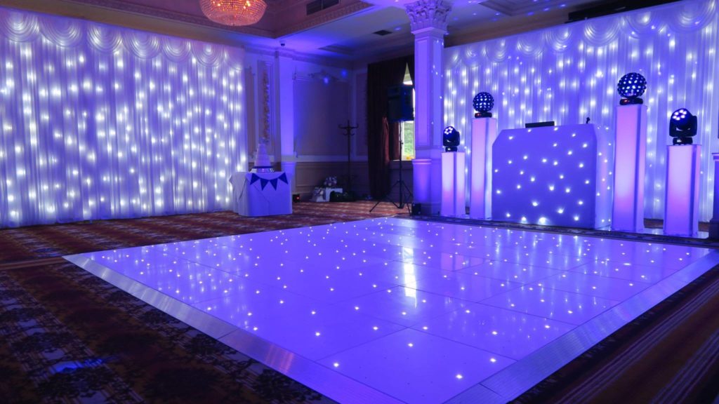 Down Hall, Herts Premier Set Up, White Starlit Booth, 2 White Starlit Backdrops, White LED Dance Floor, Lilac Uplighting