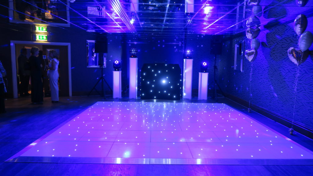 Orsett Hall, Essex Premier Set Up, Black Starlit Booth, White LED Dance Floor, Lilac Uplighting