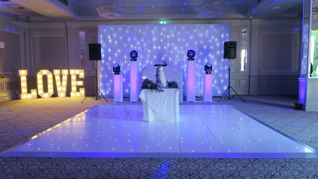 Down Hall, Herts, Premier Set Up, White Starlit Booth & Backdrop, White LED Dance Floor, Love Letters, Lilac Uplights