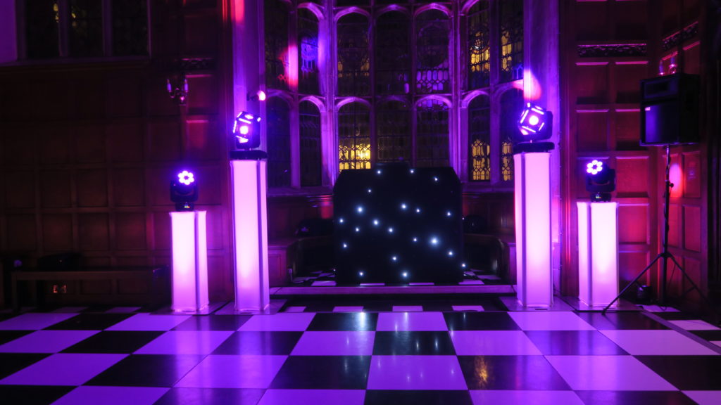 Hengrave Hall, Essex, Premier Set Up, Black Starlit Booth, Pink Uplights