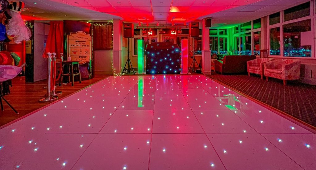 Theydon Bois Golf Club, Essex, Premier Set Up, White LED Dance Floor, Red & Green Uplights, Photo Booth