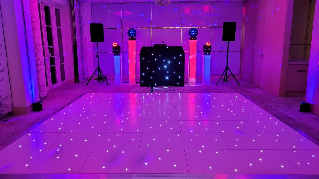 The Grove Watford Herts, Premier Set Up, Black Starlit Booth, White LED Dance Floor, Pink And Blue Uplighting